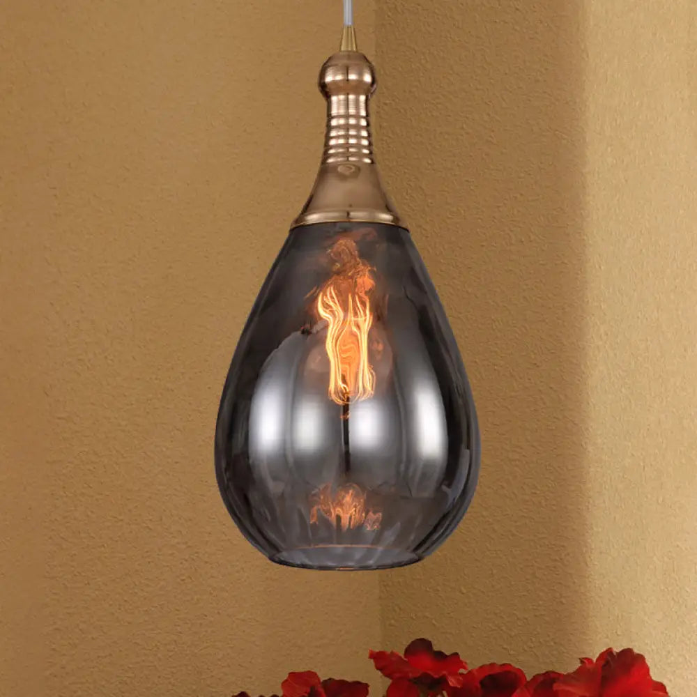 Black/Brass Teardrop Ceiling Light Industrial Clear/Amber/Grey Water Glass 1-Light Bedroom Pendant