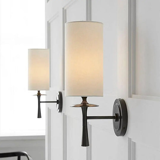 Black/Brass Wall Mount Sconce Light With Traditional Fabric Cylinder Shade For Living Room Black