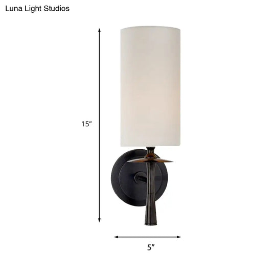 Black/Brass Wall Mount Sconce Light With Traditional Fabric Cylinder Shade For Living Room