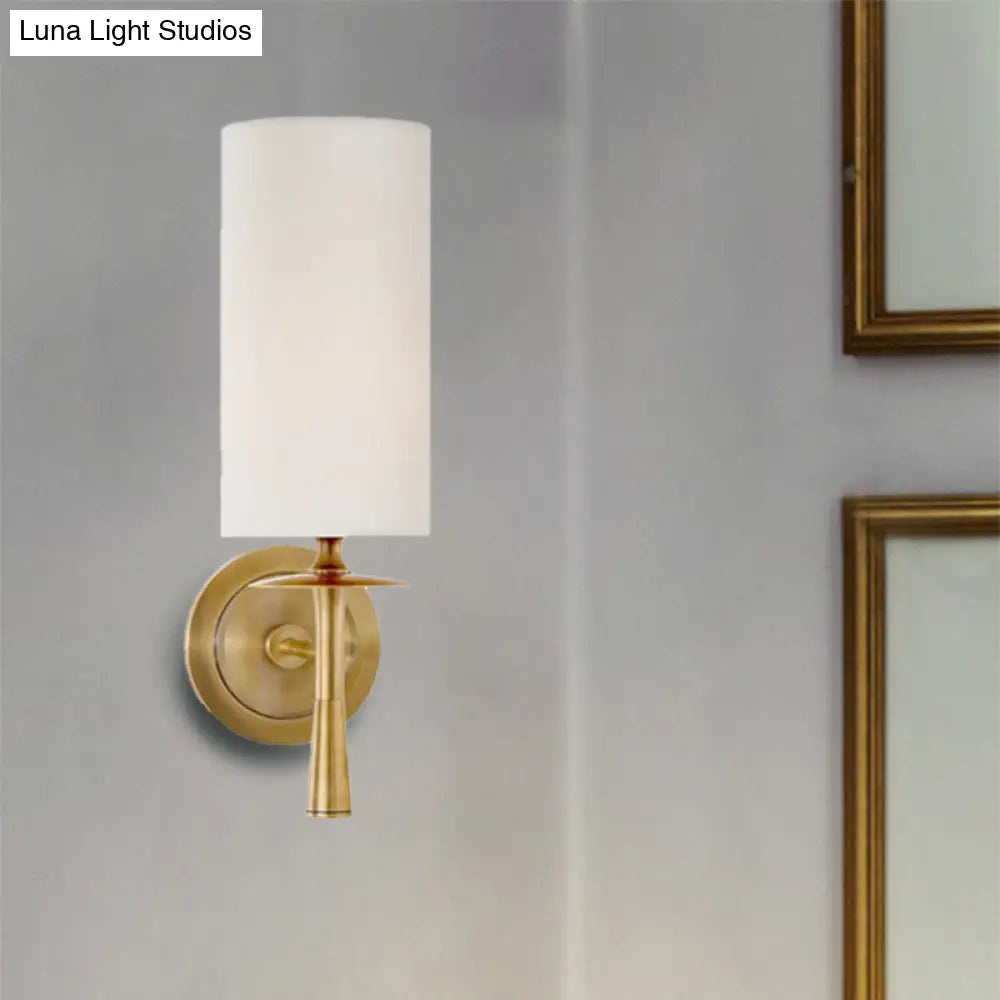 Black/Brass Wall Mount Sconce Light With Traditional Fabric Cylinder Shade For Living Room