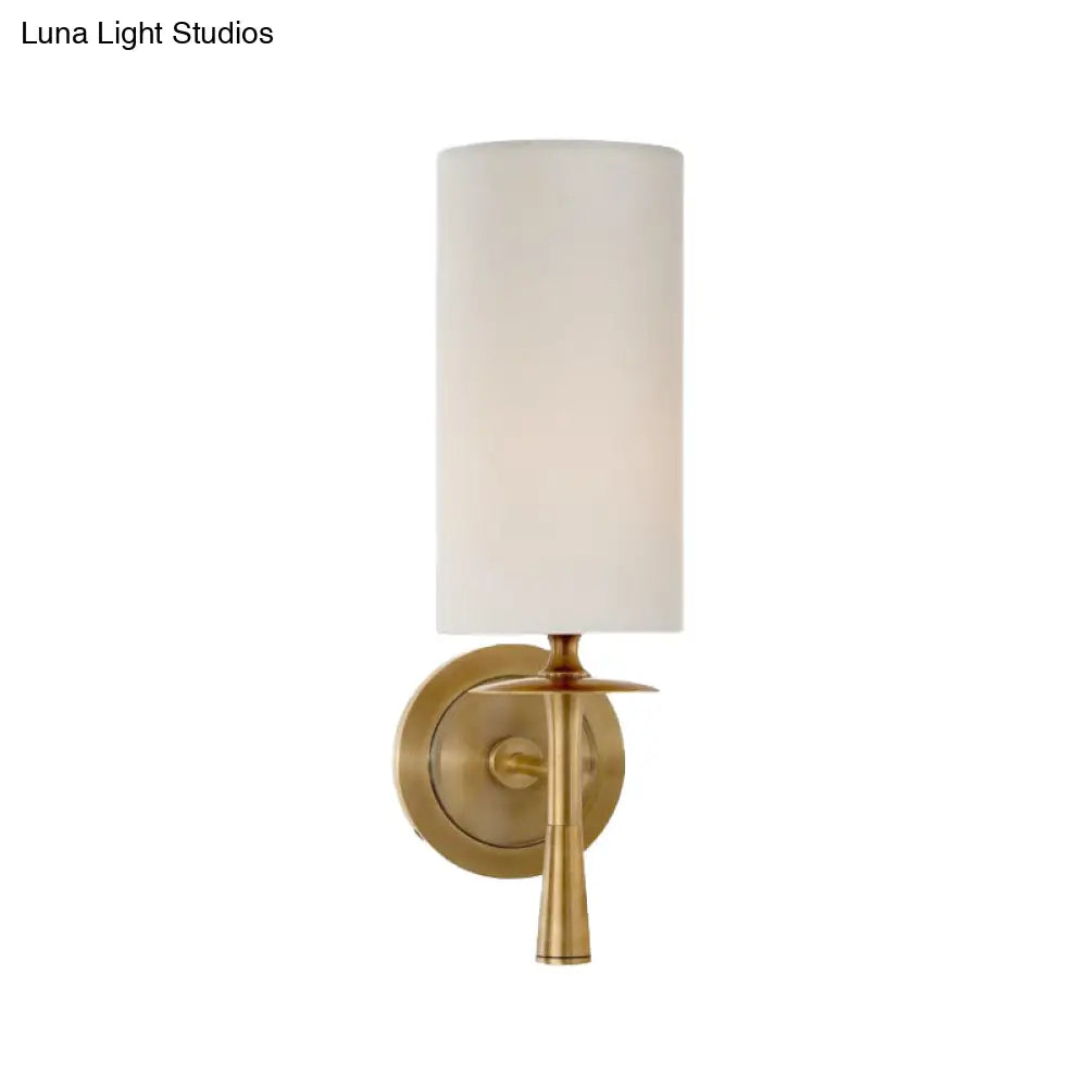 Black/Brass Wall Mount Sconce Light With Traditional Fabric Cylinder Shade For Living Room