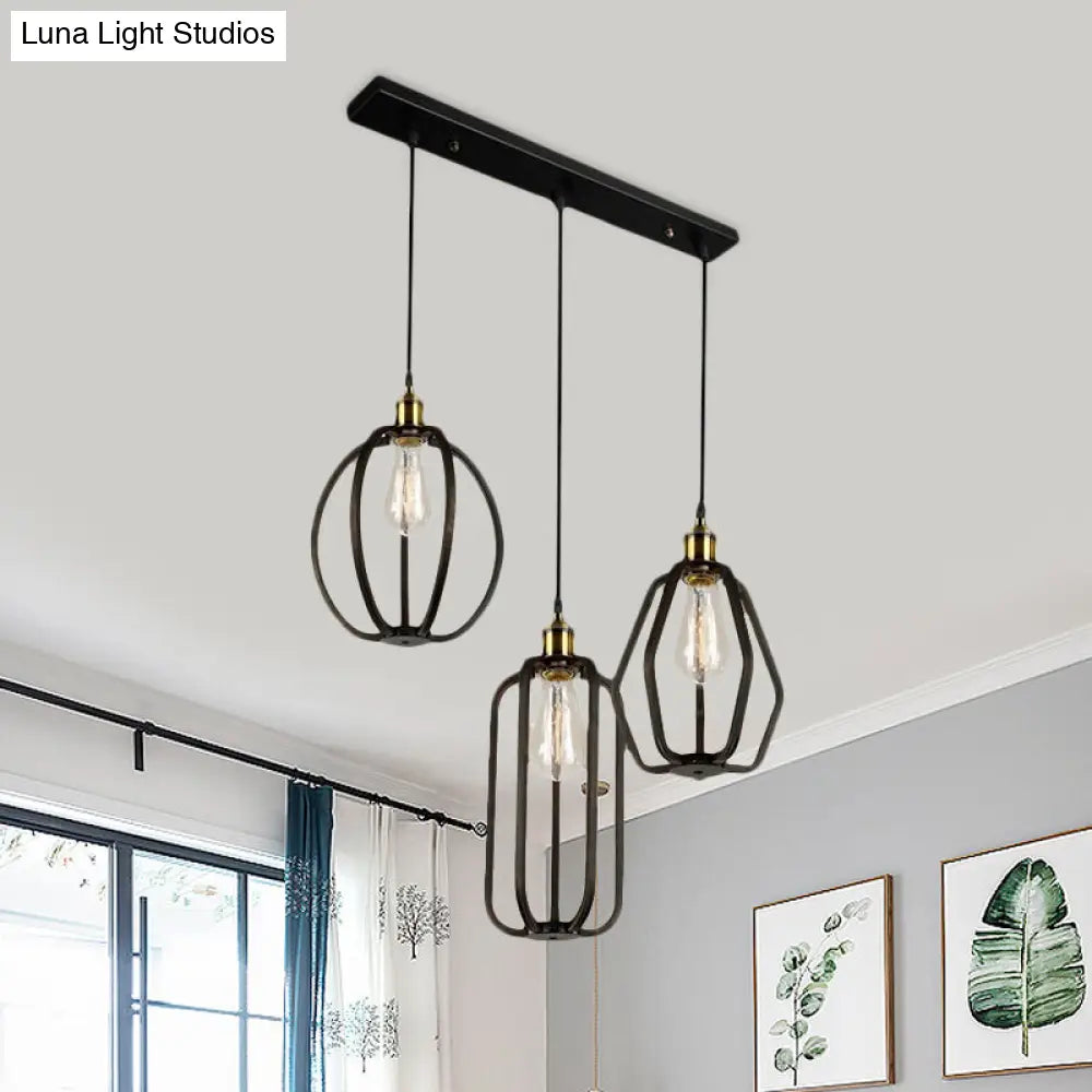 Antique Black Iron Pendant Light With 3 Cages - Adjustable For Living Room Ceiling