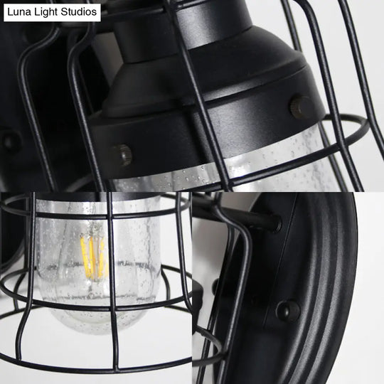 Black Caged Wall Light With Inner Glass Shade For Coastal Style Decor