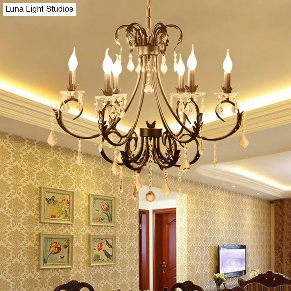 Black Candle Chandelier With Crystal Drops - Traditional Ceiling Pendant Lamp (6/8 Lights)