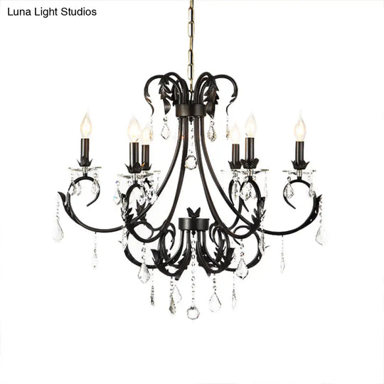 Black Metal Chandelier Lamp With Crystal Drops - Traditional Candle Ceiling Pendant (6/8 Lights)