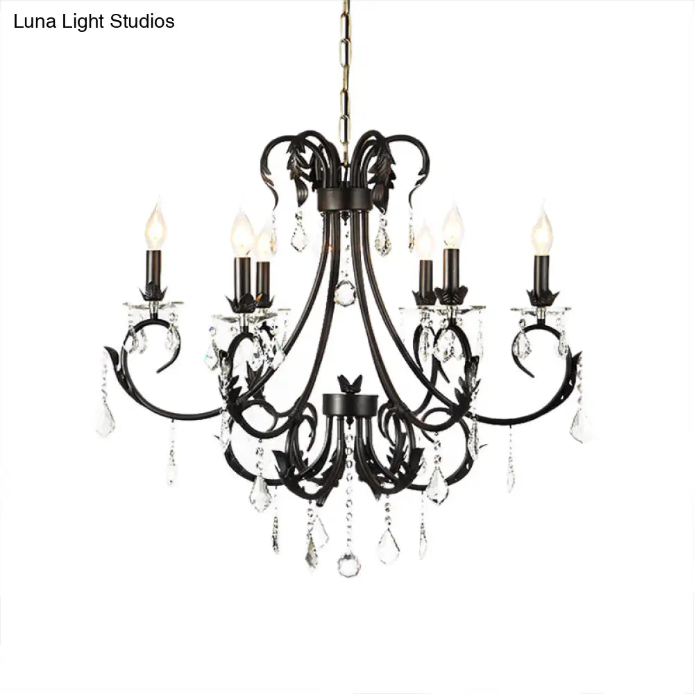 Black Candle Chandelier With Crystal Drops - Traditional Ceiling Pendant Lamp (6/8 Lights)