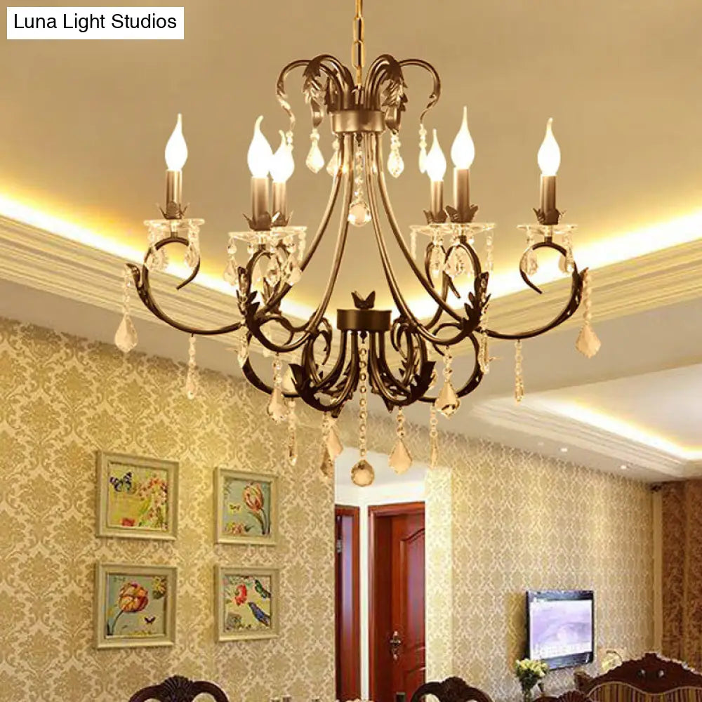 Black Metal Chandelier Lamp With Crystal Drops - Traditional Candle Ceiling Pendant (6/8 Lights)