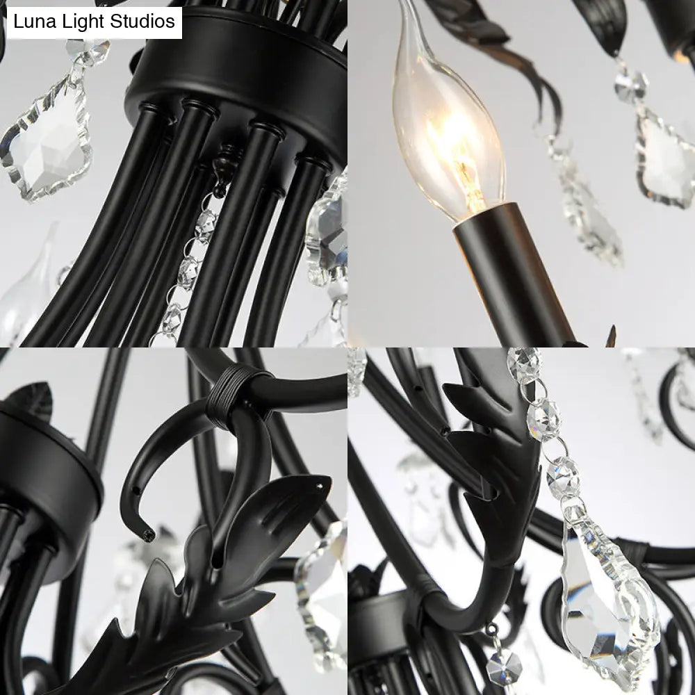 Black Metal Chandelier Lamp With Crystal Drops - Traditional Candle Ceiling Pendant (6/8 Lights)