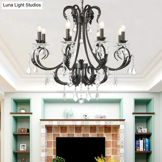 Black Metal Chandelier Lamp With Crystal Drops - Traditional Candle Ceiling Pendant (6/8 Lights)