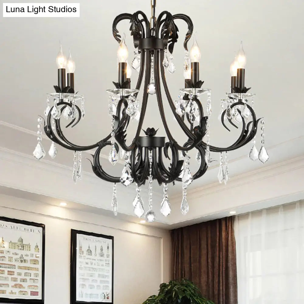 Black Candle Chandelier With Crystal Drops - Traditional Ceiling Pendant Lamp (6/8 Lights)