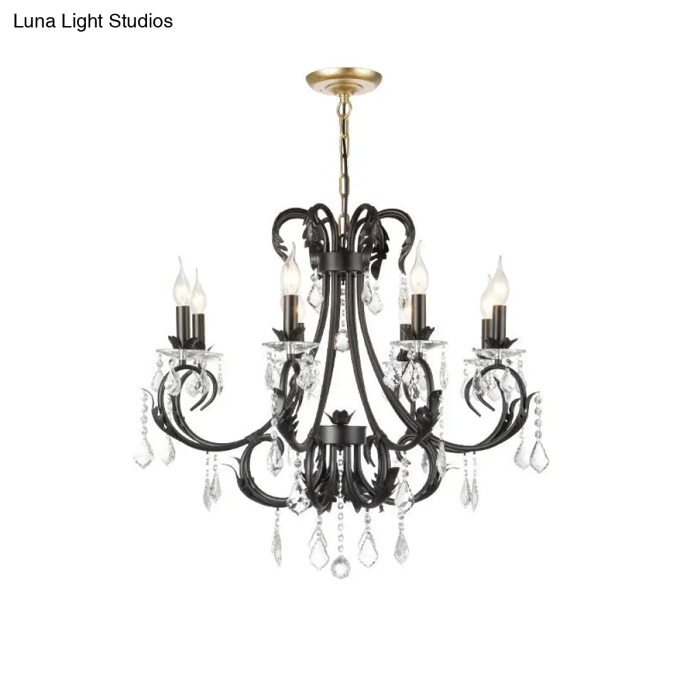 Black Metal Chandelier Lamp With Crystal Drops - Traditional Candle Ceiling Pendant (6/8 Lights)