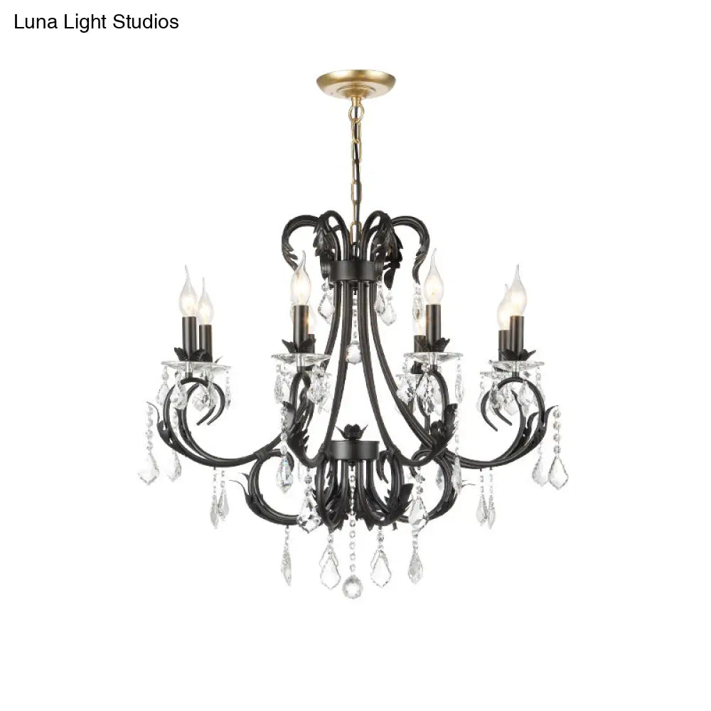 Black Candle Chandelier With Crystal Drops - Traditional Ceiling Pendant Lamp (6/8 Lights)