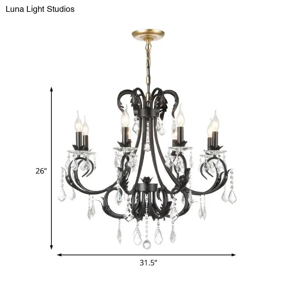 Black Metal Chandelier Lamp With Crystal Drops - Traditional Candle Ceiling Pendant (6/8 Lights)