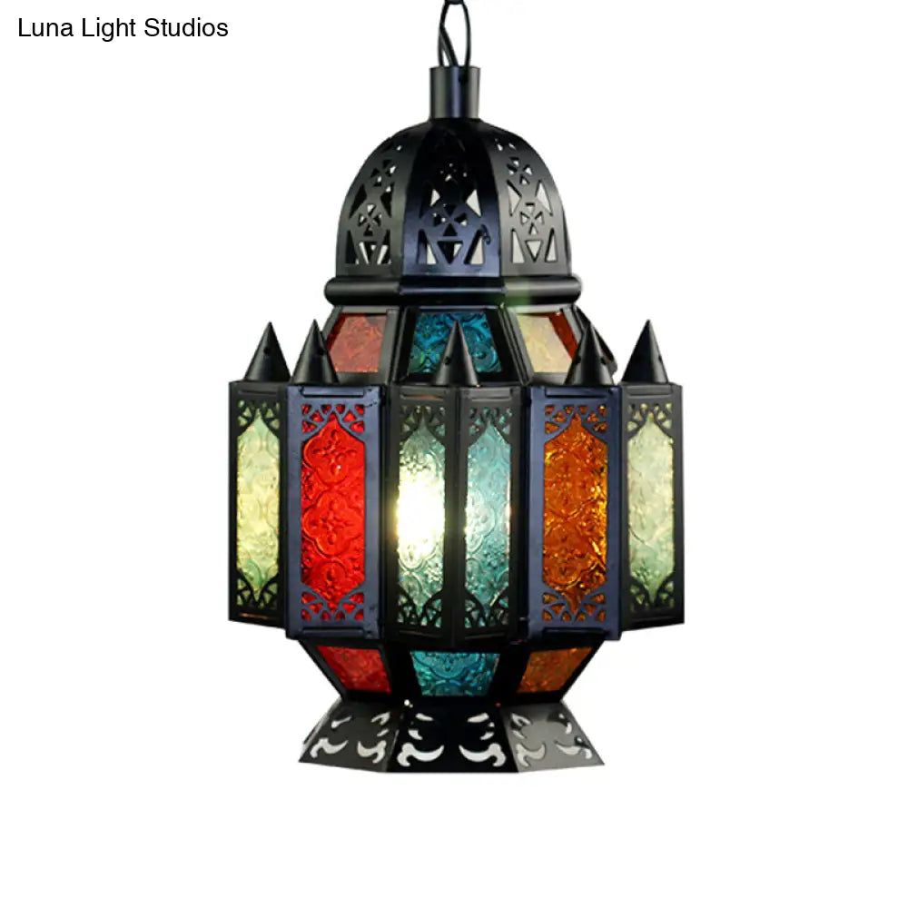 Black Carved Pendant Lamp: Arab Metal Suspended Light Fixture For Dining Room - 1 Bulb