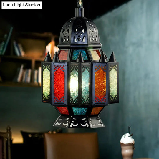 Black Carved Pendant Lamp: Arab Metal Suspended Light Fixture For Dining Room - 1 Bulb