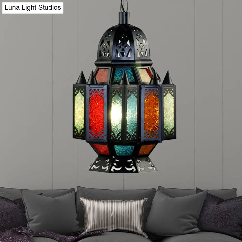 Black Carved Pendant Lamp: Arab Metal Suspended Light Fixture For Dining Room - 1 Bulb