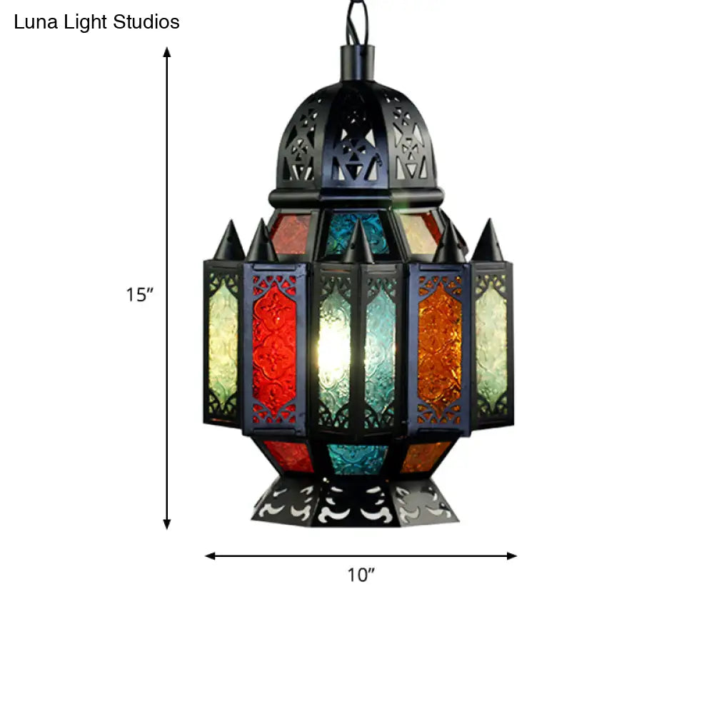 Black Carved Pendant Lamp: Arab Metal Suspended Light Fixture For Dining Room - 1 Bulb