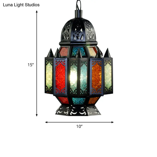 Black Carved Pendant Lamp: Arab Metal Suspended Light Fixture For Dining Room - 1 Bulb