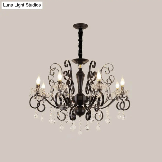 Black Chandelier With Crystal Strands - Metallic Candle Hanging Lamp Kit (6/8 Bulbs) Minimalistic