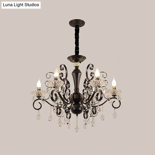 Black Chandelier With Crystal Strands - Metallic Candle Hanging Lamp Kit (6/8 Bulbs) Minimalistic