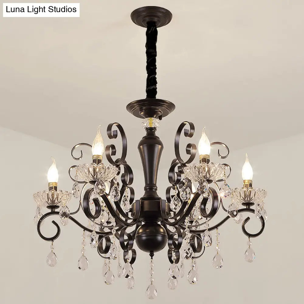 Black Chandelier With Crystal Strands - Metallic Candle Hanging Lamp Kit (6/8 Bulbs) Minimalistic