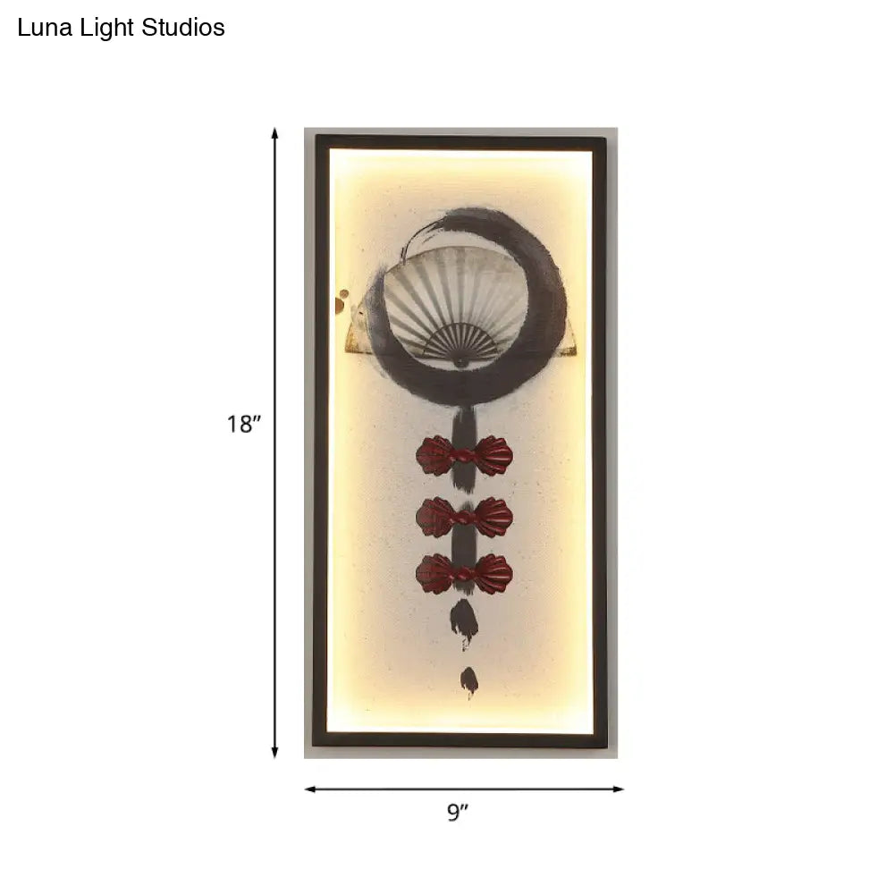 Black Chinese Style Led Wall Sconce With Abstract Living Room Mural Light