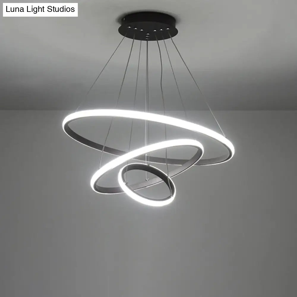 Black Circle Pendant Chandelier - Simple Style Metallic Restaurant Ceiling Light With Led