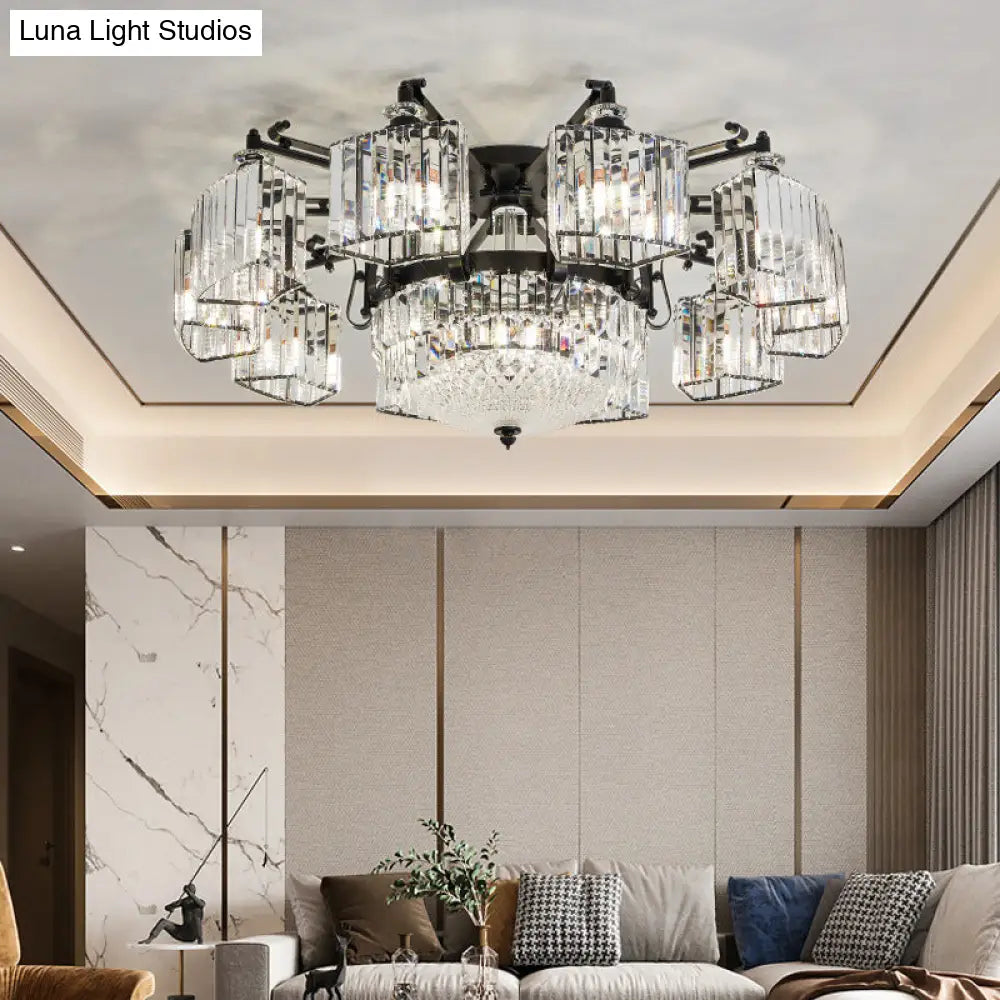 Black Clear Crystal Radial Chandelier Semi Flush Mount Light For Traditional Living Room