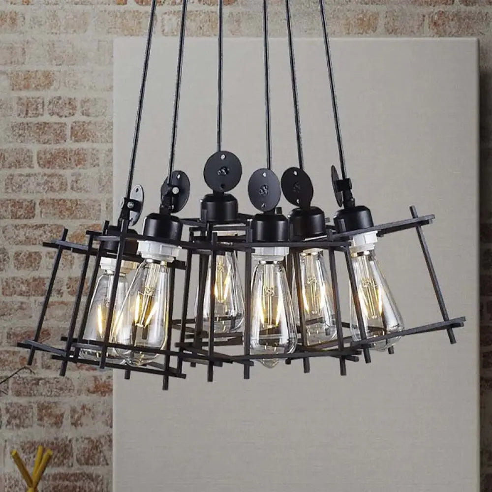 Black Cluster Pendant Light With Caged Shade - Retro Metallic Farmhouse Ceiling Fixture (6 Lights)