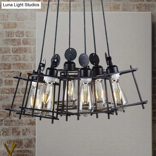 Retro Metallic Black Cluster Pendant Light Farmhouse Ceiling Fixture With Cage Shade (6 Lights)