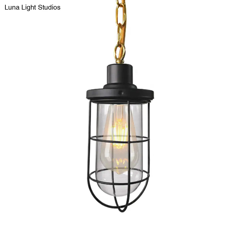 Black Coastal Caged Pendant Lamp Single-Bulb Clear Glass Light Fixture For Bedroom