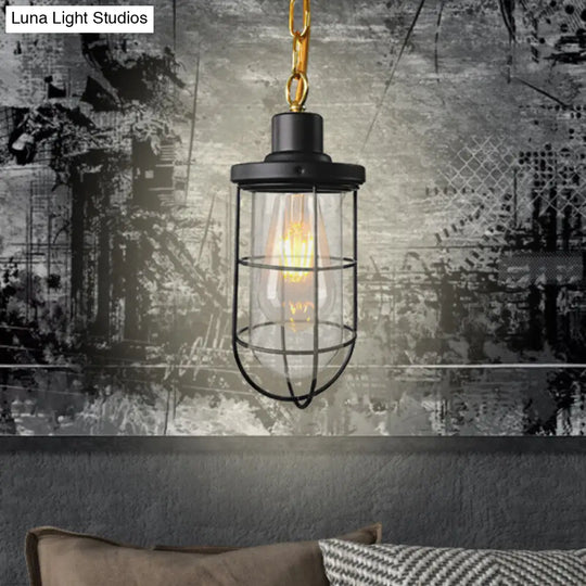 Coastal Black Caged Pendant Lamp With Clear Glass - Single-Bulb Hanging Light Fixture For Bedroom