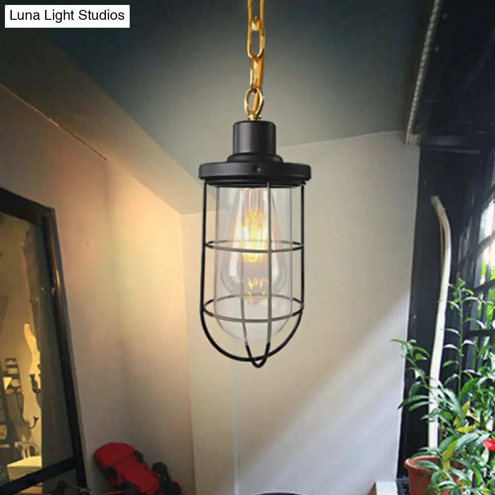 Coastal Black Caged Pendant Lamp With Clear Glass - Single-Bulb Hanging Light Fixture For Bedroom