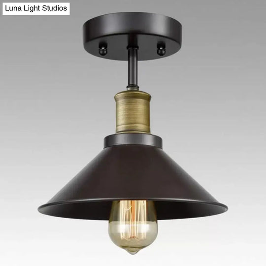 Black Conic Semi Flush Ceiling Light - Factory Iron Bistro Lamp