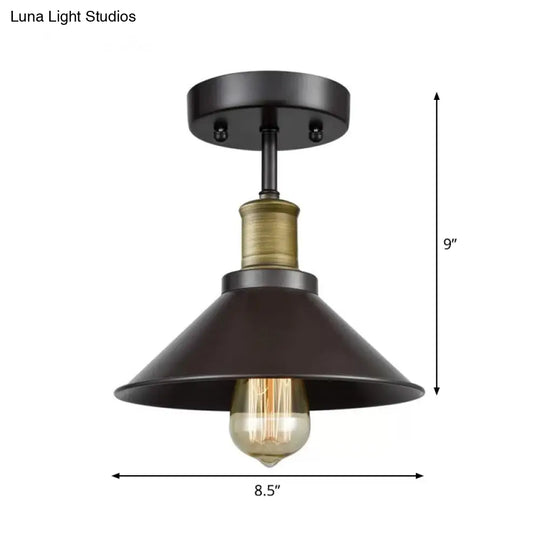 Black Conic Semi Flush Ceiling Light - Factory Iron Bistro Lamp