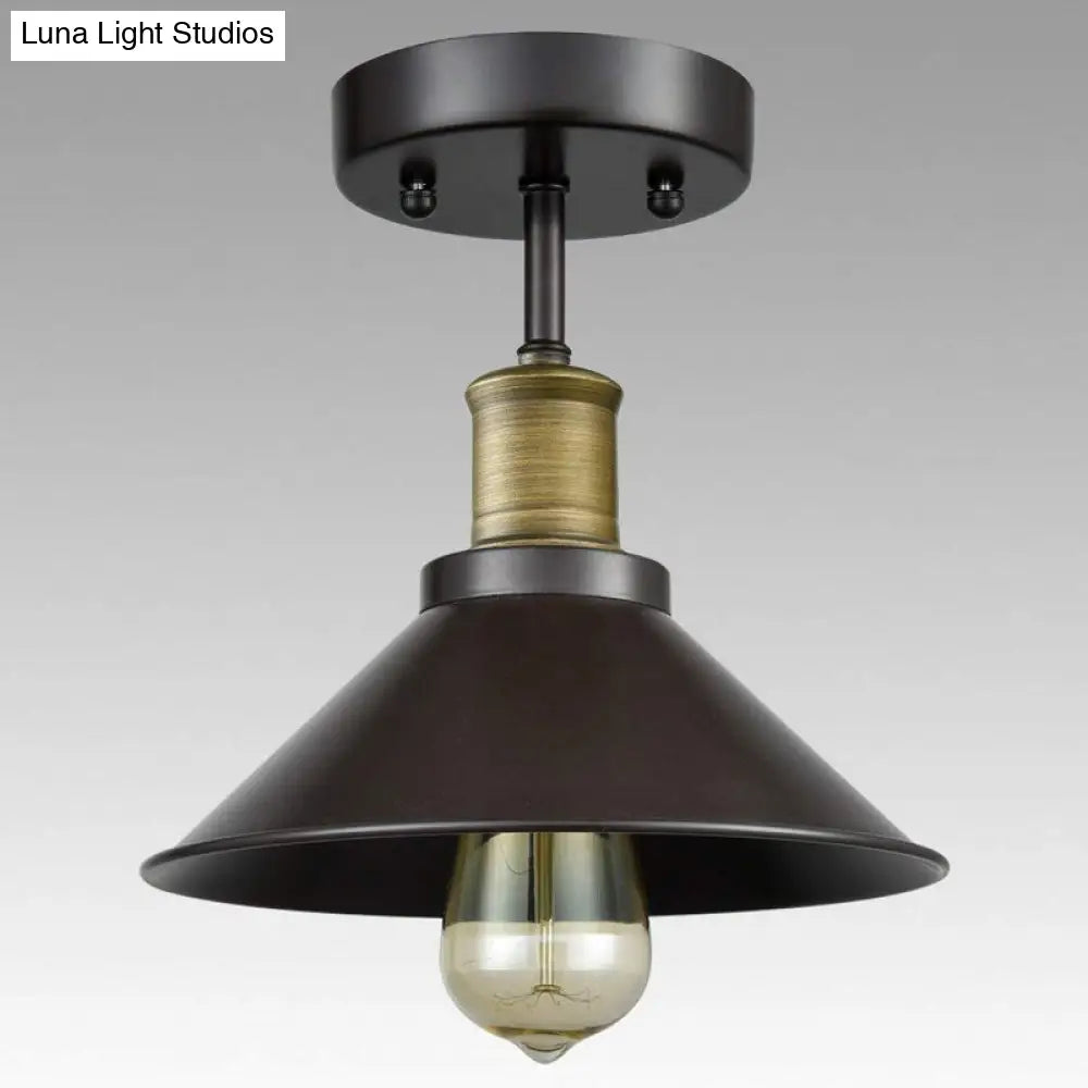 Black Conic Semi Flush Ceiling Light - Factory Iron Bistro Lamp