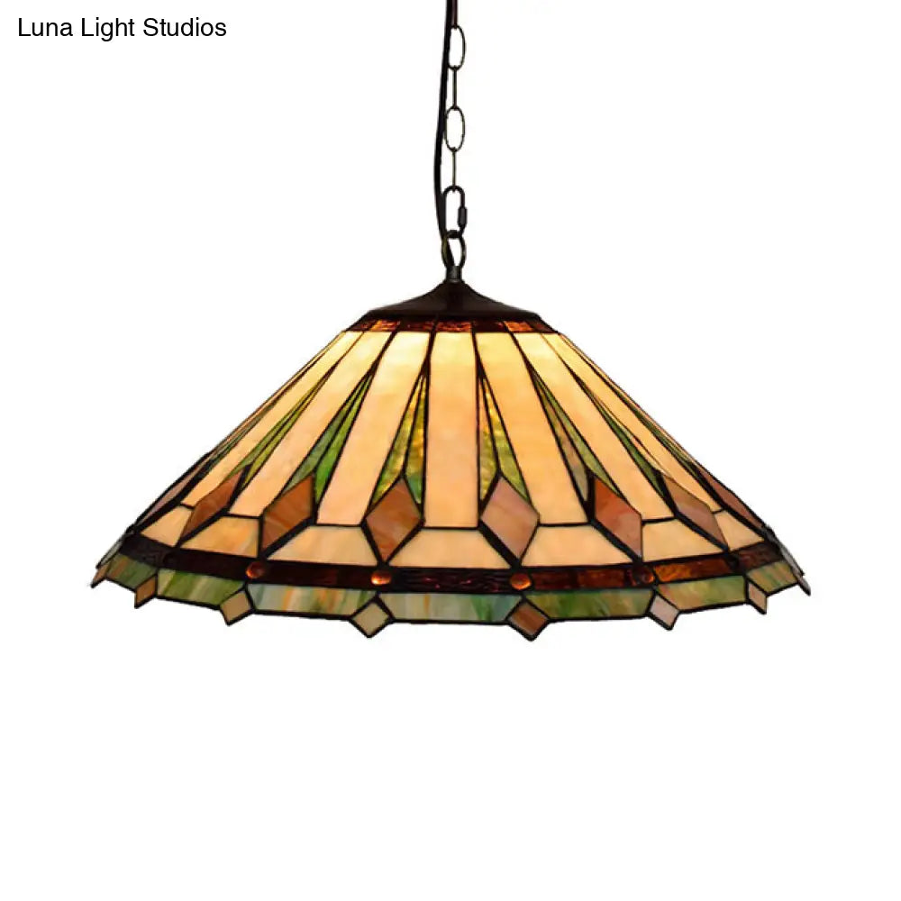 Black Conical Tiffany Hanging Pendant Light - 16’/22’ W Stained Glass Ceiling Fixture For