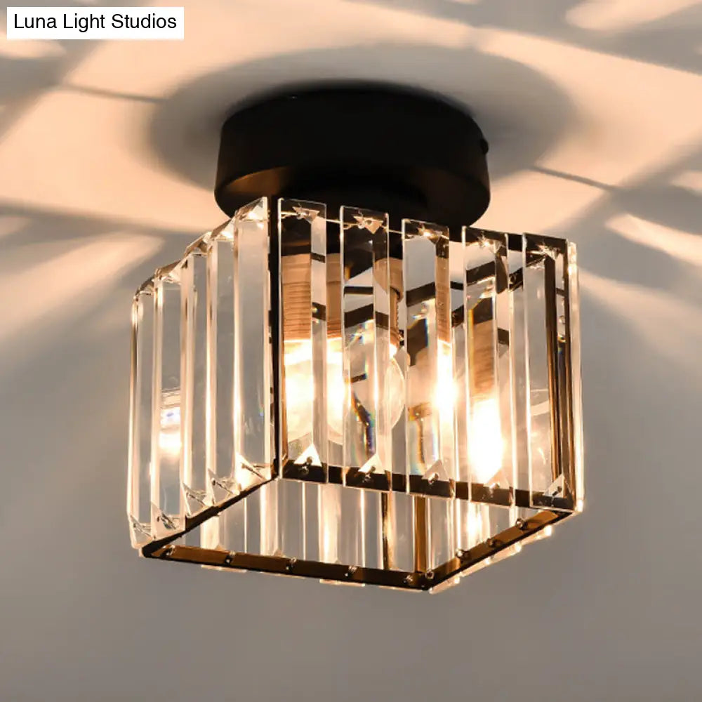 Black Contemporary Geometric Flush Mount Ceiling Light With Tri-Prism Crystal - 1-Light Hallway