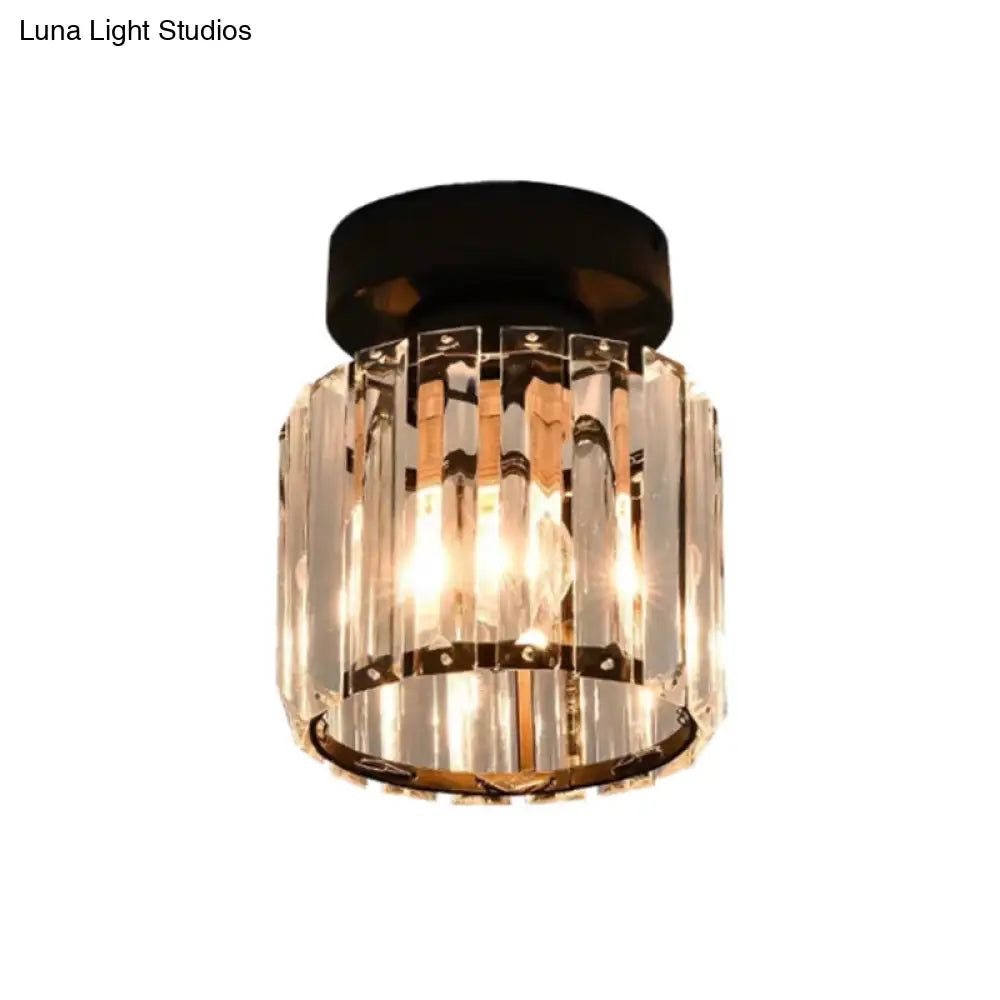 Black Contemporary Geometric Flush Mount Ceiling Light With Tri-Prism Crystal - 1-Light Hallway