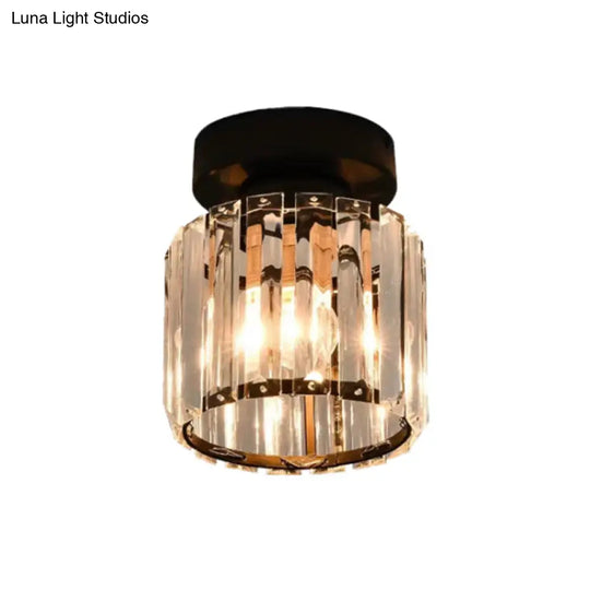 Black Contemporary Geometric Flush Mount Ceiling Light With Tri-Prism Crystal - 1-Light Hallway