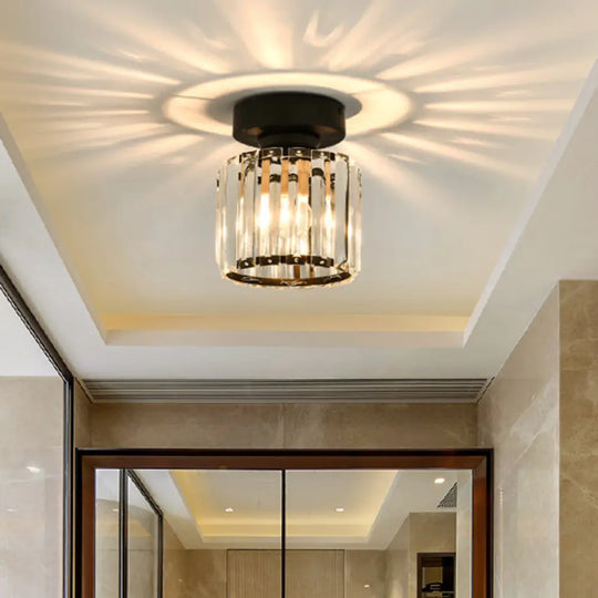 Black Contemporary Geometric Flush Mount Ceiling Light With Tri-Prism Crystal - 1-Light Hallway