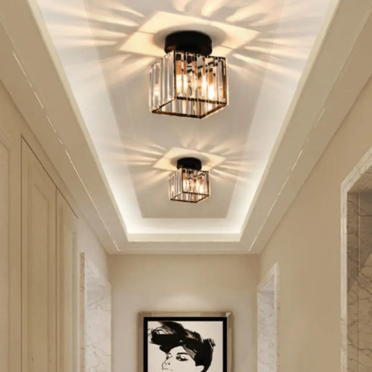 Black Contemporary Geometric Flush Mount Ceiling Light With Tri-Prism Crystal - 1-Light Hallway