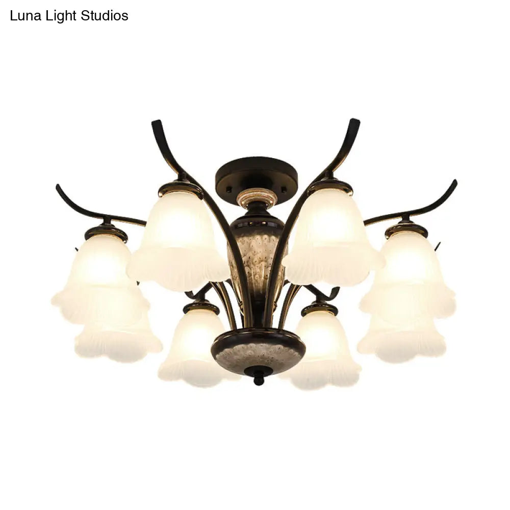 Black Country Flower Semi Flush Mount Ceiling Light With Opal Ribbed Glass - 3/6/8 Heads