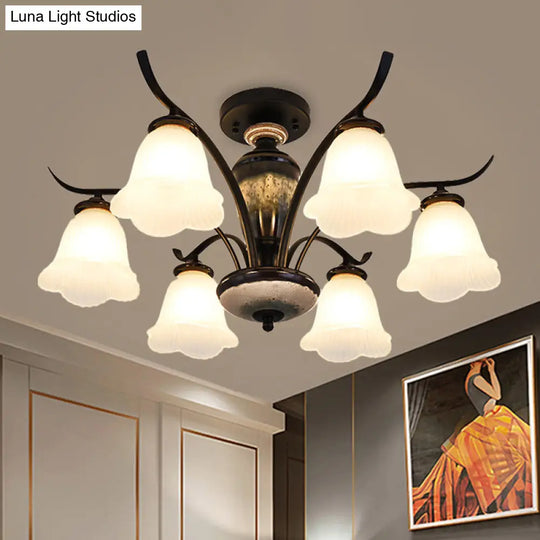 Black Country Flower Semi Flush Mount Ceiling Light With Opal Ribbed Glass - 3/6/8 Heads