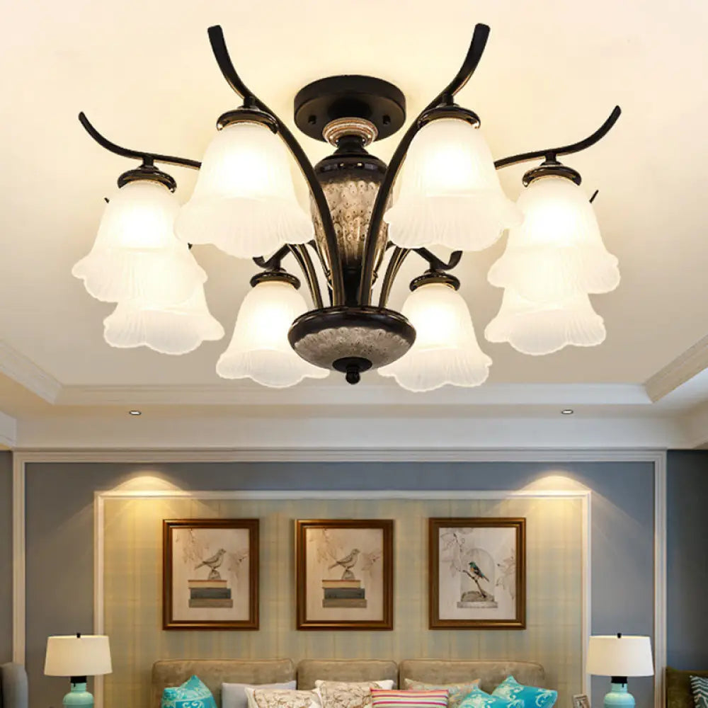 Black Country Flower Semi Flush Mount Ceiling Light With Opal Ribbed Glass - 3/6/8 Heads 8 /