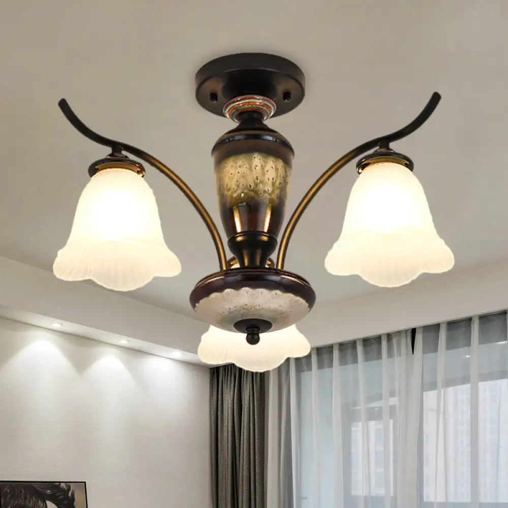 Black Country Flower Semi Flush Mount Ceiling Light With Opal Ribbed Glass - 3/6/8 Heads 3 /