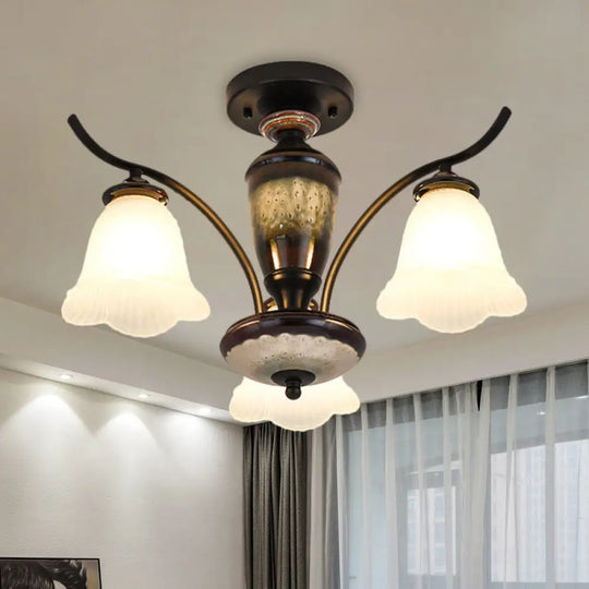 Black Country Flower Semi Flush Mount Ceiling Light With Opal Ribbed Glass - 3/6/8 Heads 3 /