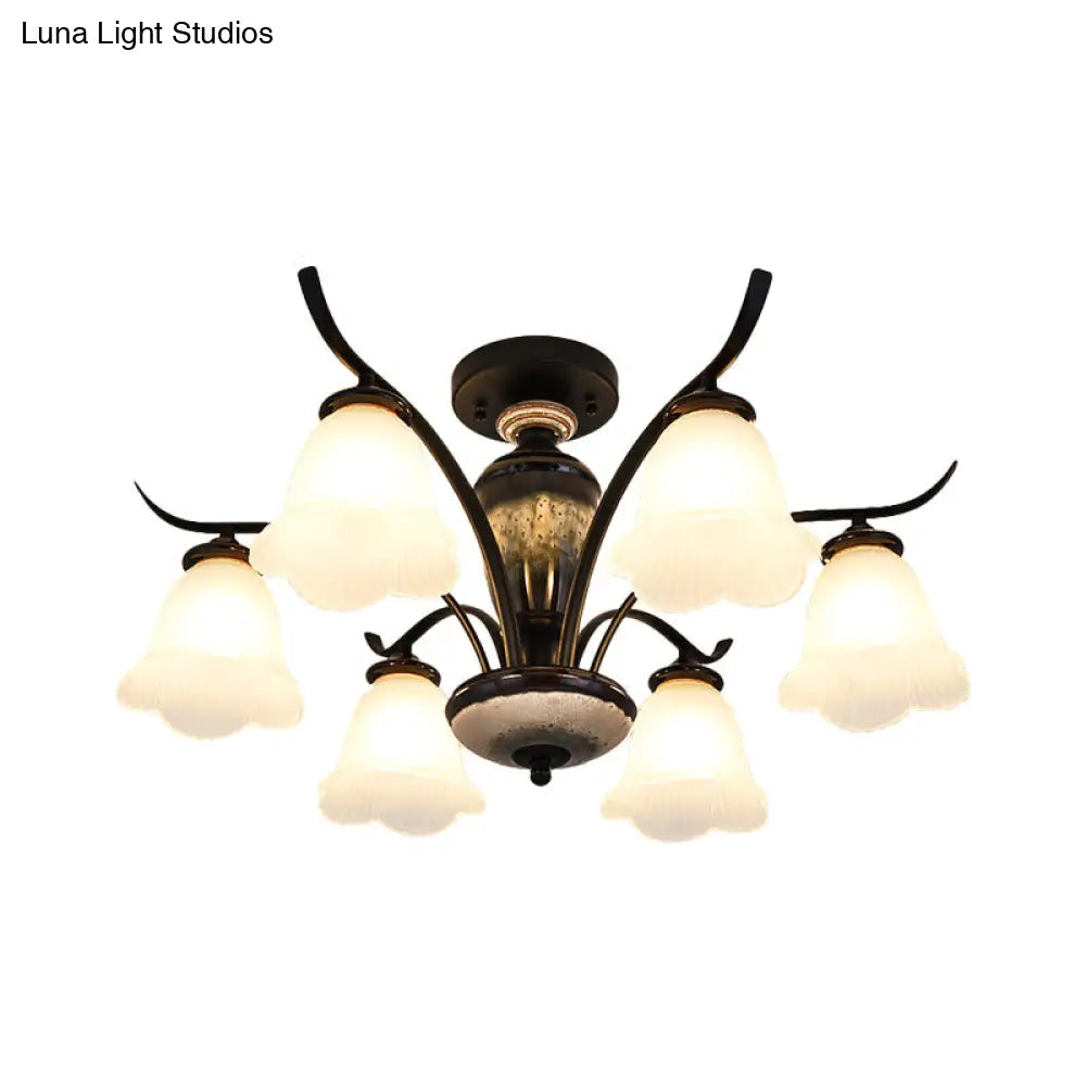 Black Country Flower Semi Flush Mount Ceiling Light With Opal Ribbed Glass - 3/6/8 Heads