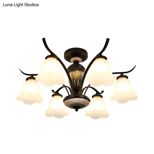 Black Country Flower Semi Flush Mount Ceiling Light With Opal Ribbed Glass - 3/6/8 Heads