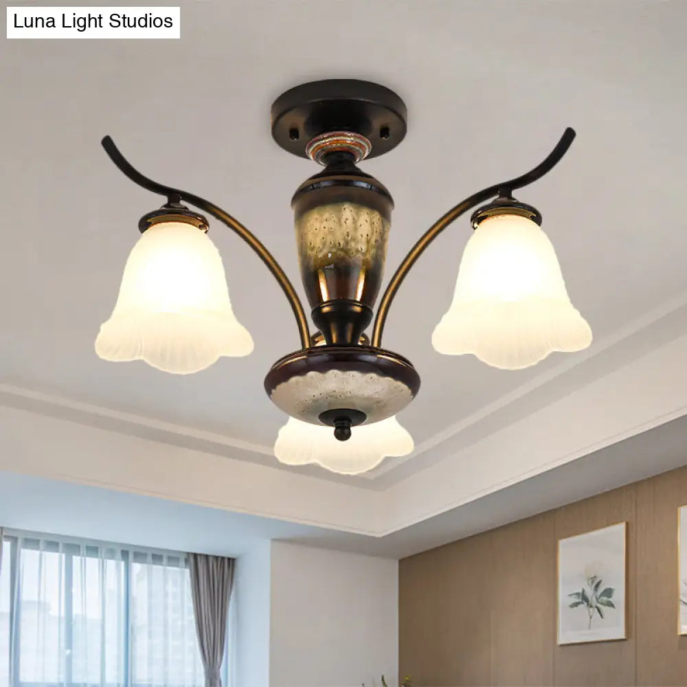 Black Country Flower Semi Flush Mount Ceiling Light With Opal Ribbed Glass - 3/6/8 Heads